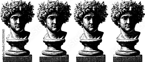 Engraved illustration of classical marble busts with floral details