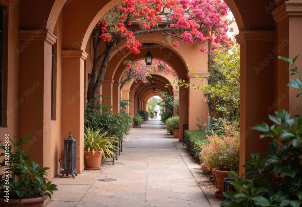Obraz premium A serene garden pathway lined with vibrant flowers and arches