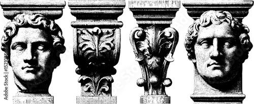 Engraved marble figures and architectural ornamentation for design projects