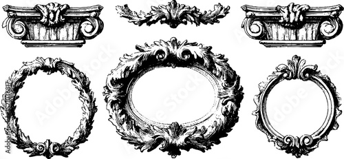 Engraved collection of ornate marble figures and frames for artistic design