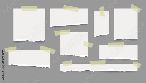 Set of white torn paper sheets with notebook edges and scraps, taped with transparent or masking tape. Ideal for banners, web design, or backgrounds.