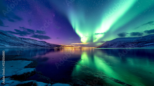Wallpaper Mural Winter landscape Aurora Borealis phenomenon with snow mountain and lake background in Murmansk region. Russia Far North, Polar Night Torontodigital.ca