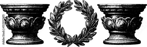Engraved illustration of marble relief panels with classical laurel wreath design