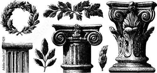 Classical marble relief panels featuring engraved columns and leaf motifs for artistic design