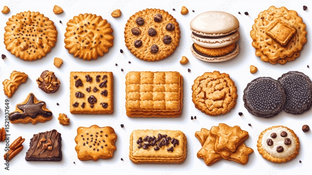 Assortment of delicious cookies and biscuits, including chocolate chip, butter, and macarons, arranged on a white background. Assortment of delicious cookies and biscuits, including chocolate chip, butter, and macarons, arranged on a white background.