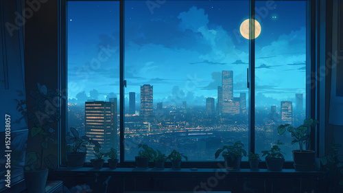 夕暮れから夜へと移ろう時間帯、都会のビルと月が彩る窓辺の風景イラスト。紫と青が混じり合う空と光のコントラストが印象的な幻想的な夜景構図。