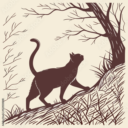 Silhouette of a cat walking uphill near a bare tree with grass and branches on a light background