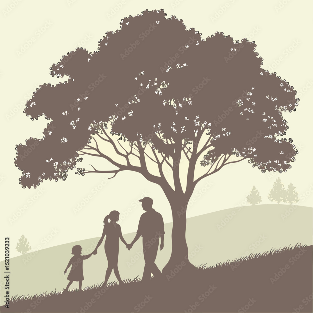 Silhouette of a family walking hand in hand under a large tree on a grassy hill in a serene scene Silhouette of a family walking hand in hand under a large tree on a grassy hill in a serene scene