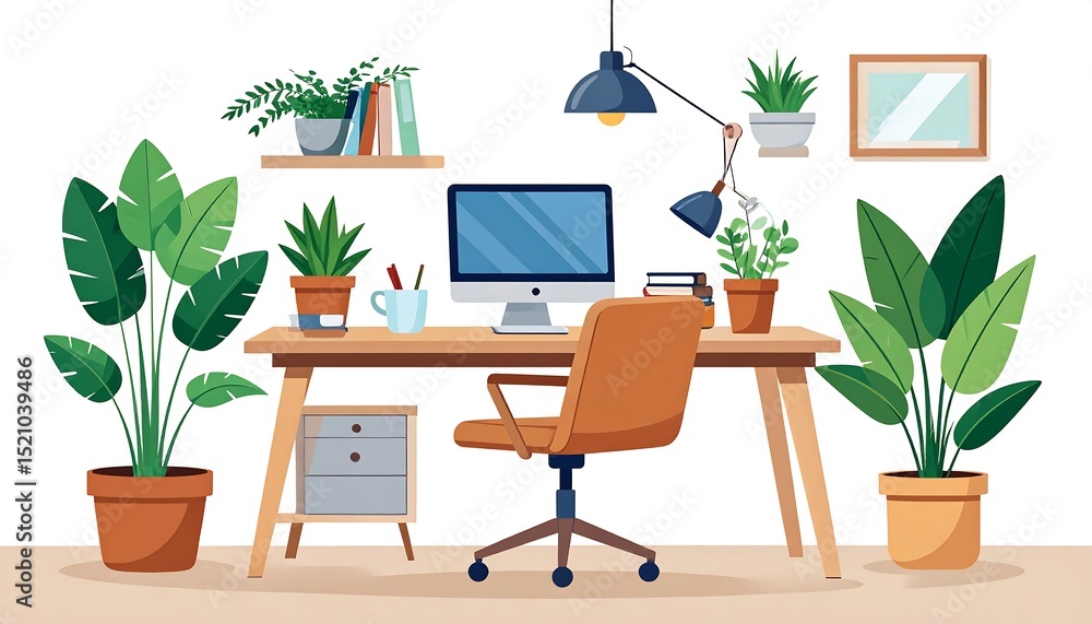 Fototapeta premium modern office room cartoon illustration. classroom, commercial, contemporary, corporate, cyberspace, desk, desktop, furniture, indoor, keyboard, laptop, layout, minimal, monitor, productivity, 4