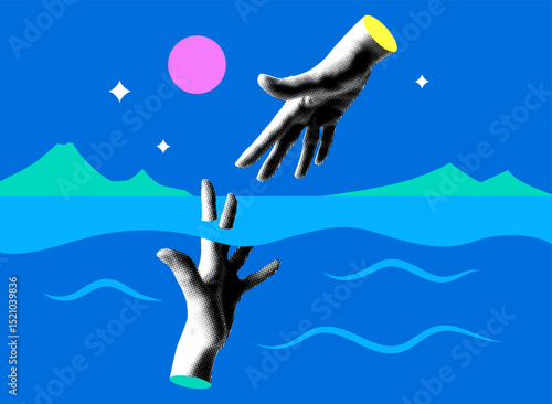 Hand of a rescuer reaches out to the hand of a drowning man. Concept of insurance. Saving a failing business. Psychological help from a psychologist. Life saving in sea. Modern collage