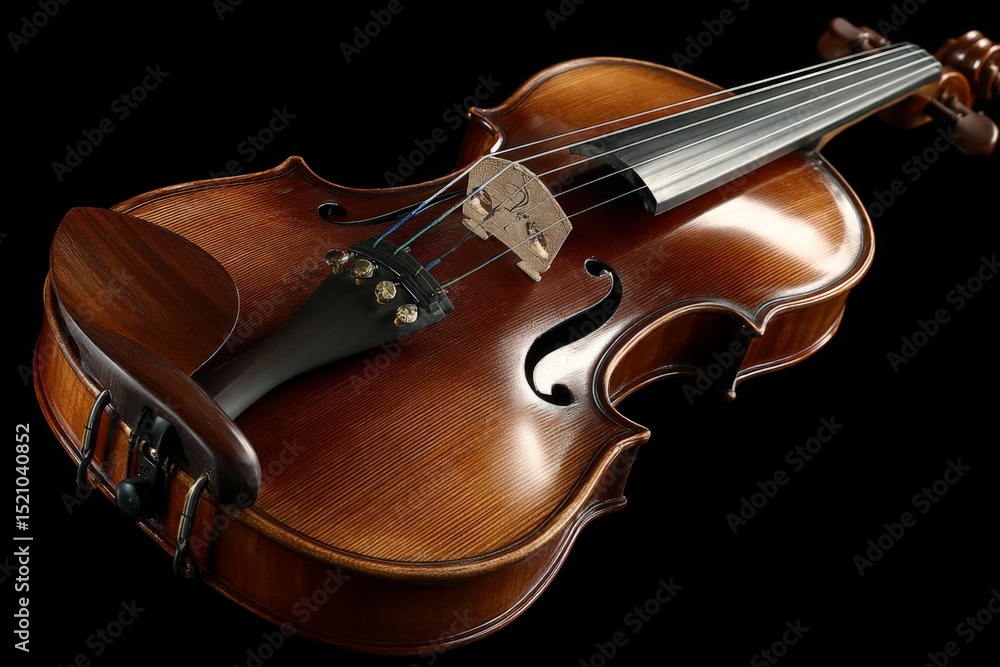 Fototapeta premium Elegant wooden violin with polished finish placed on a dark background showcasing craftsmanship and design details