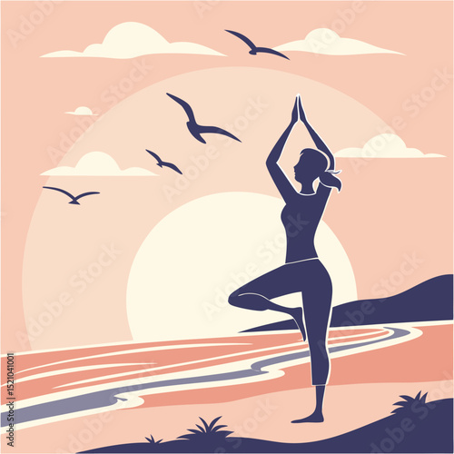 Silhouette of woman in tree pose on beach with birds flying against a sunset sky illustration