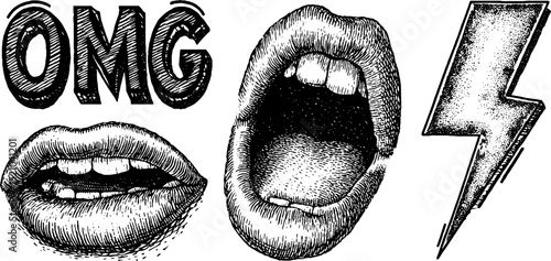 Engraved illustration set featuring omg lettering and comic style elements