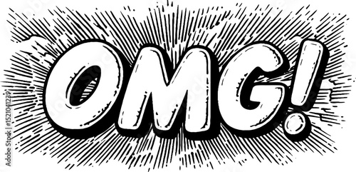 Engraved illustration of omg lettering in vintage comic style for artistic design