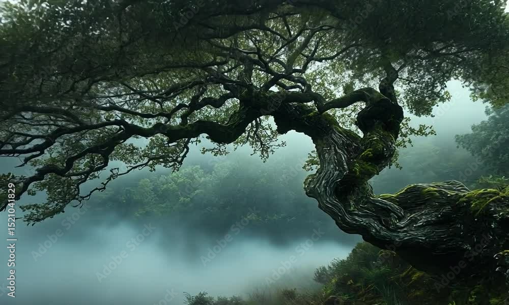A majestic, twisted tree stands alone in a misty forest, surrounded by ethereal fog and greenery A majestic, twisted tree stands alone in a misty forest, surrounded by ethereal fog and greenery