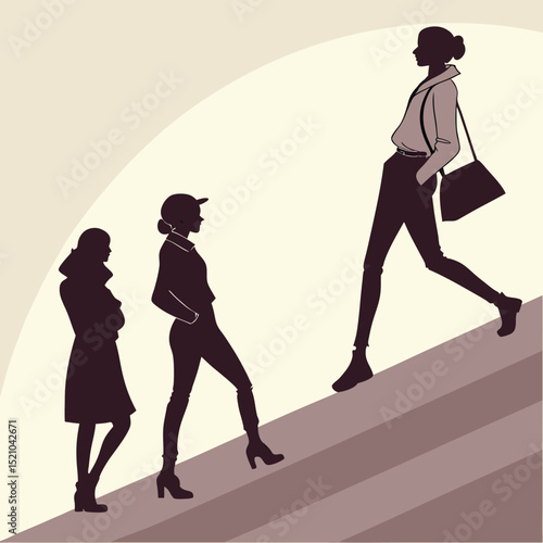 Silhouettes of three women ascending stairs in fashionable attire with a beige background tone