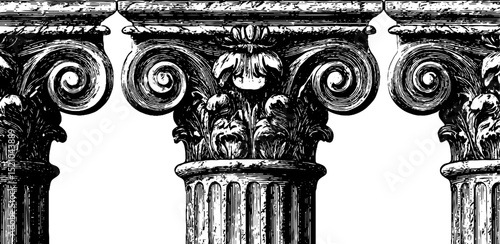 Ornate scrollwork engraving set featuring classical architectural columns