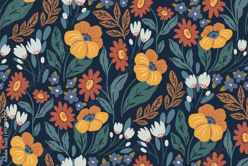 Seamless floral pattern, abstract ditsy print of decorative art wild plants. Folk style botanical design of hand drawn large flowers, small leaves in dark autumn colors. Vector illustration.