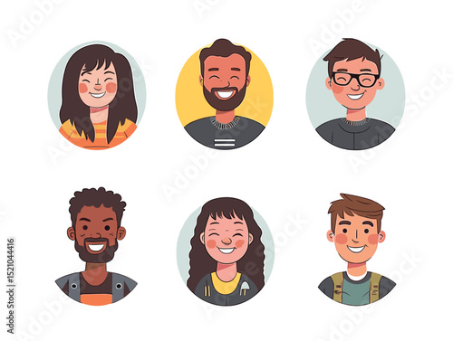 Diverse Portrait Collection: A vibrant collection of diverse portraits, each capturing a unique individual's smiling expression, representing various cultural backgrounds and personalities.