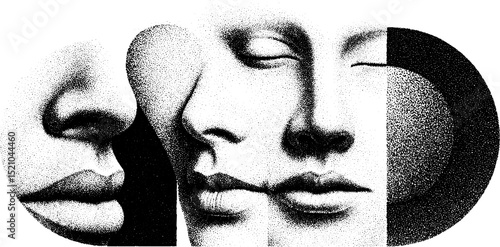 Engraved overlapping faces illustration with abstract geometric elements