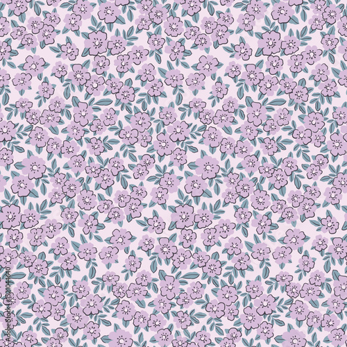 Seamless floral pattern, liberty ditsy print in delicate purple colors. Small cute hand drawn flowers, tiny leaves, simple mini plants abstract. Gentle botanical textile design. Vector illustration