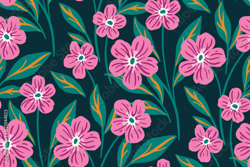Seamless floral pattern, abstract ditsy print with hand drawn plants. Cute botanical design of painted pink flowers buds, large green leaves, twigs on dark field. Vector illustration.