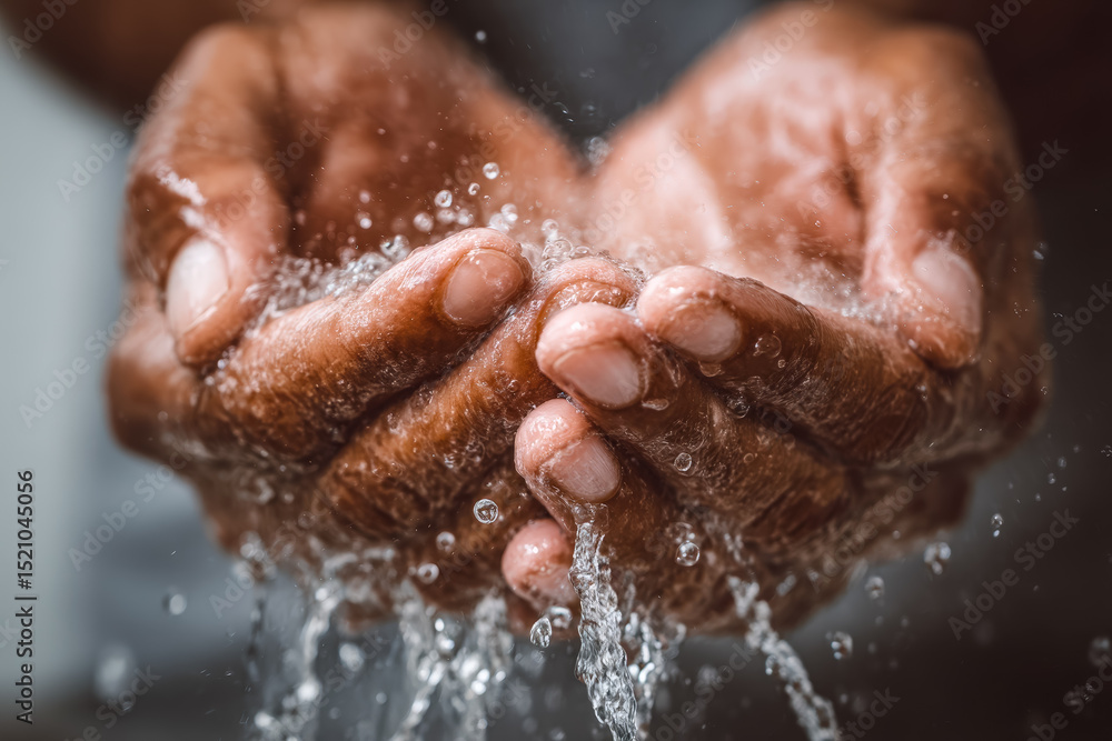Fototapeta premium Close-up of hands washing with water, showing cleanliness and hygiene practice