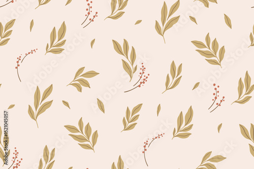 Seamless floral pattern, abstract nature design with leaves in vintage style. Elegant botanical print of small hand drawn foliage, tiny wildflowers in delicate autumn colors. Vector illustration.
