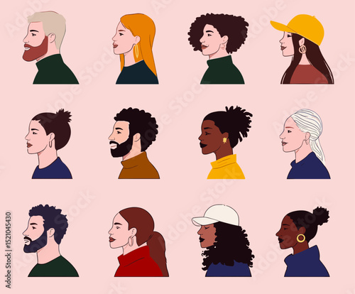 Diverse Profiles: Collection of twelve unique individuals displayed in profile, capturing a sense of diversity. Each character is carefully designed with distinct hair styles and skin tones.