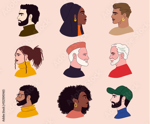 Side Profile Collection: A visually striking montage of nine distinct side profiles, representing a diverse range of individuals, each with unique characteristics.