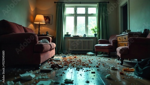 Close-up of a disturbed room, suggesting a crime scene; overturned furniture, shattered glass, and scattered belongings indicate a struggle or violent event , fingerprint, chaos