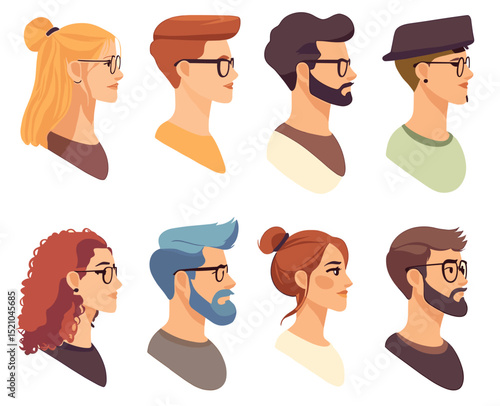 Diverse Profiles: A collection of stylized portraits showcasing a variety of individuals, each with unique hairstyles and attire, captured in a side profile view.