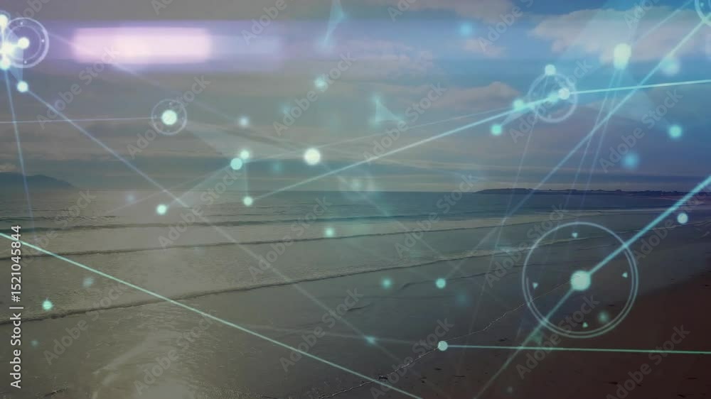 Faint glowing nodes appearing over beach connecting lines forming overlay for data visualization Faint glowing nodes appearing over beach connecting lines forming overlay for data visualization