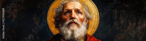 Portrait of elderly saint with golden halo and white beard looking upward on dark background religious painting divine light spiritual reverence sacred art holy figure classical iconography