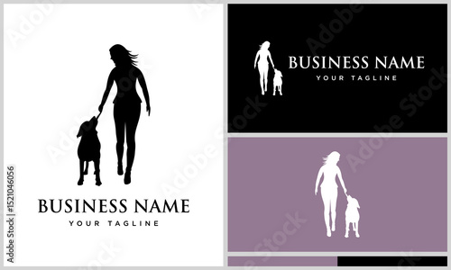 Woman Walking Dog Logo Silhouette.