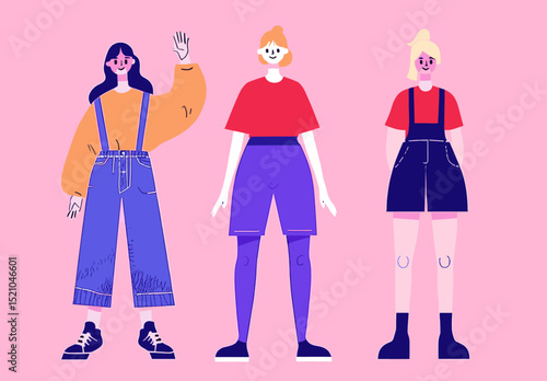 Diverse Trio: A stylish trio of women stands with confidence against a plain backdrop. Each figure exudes individuality through distinctive clothing, hairstyles and pose.