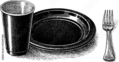 Vintage engraving of plastic cup, paper plate, and fork design for dining themes