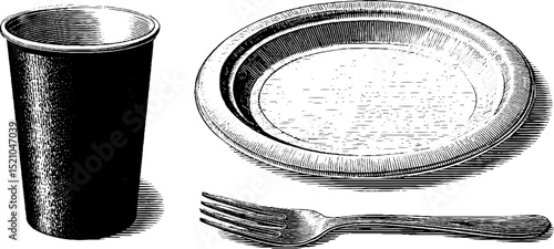 Vintage engraved set of plastic cup, paper plate, and fork for eco-friendly dining design