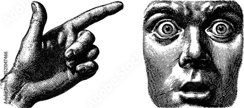 Vintage engraved illustration of a hand pointing to self with surprised face