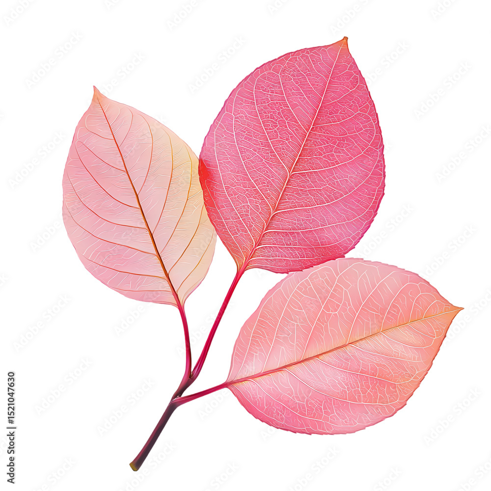 Obraz premium Three Delicate Pink Autumn Leaves on a Branch A CloseUp Botanical Study isolated on transparent background