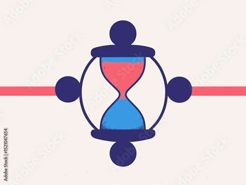 Timeless Passage: An abstract illustration depicting an hourglass at the center, surrounded by interconnected figures, evoking the concepts of time's flow, unity.