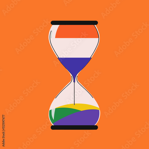 Time's Passage: Abstract hourglass design that is stylized as a colored art piece, filled with vibrant hues, representing time's inexorable flow.