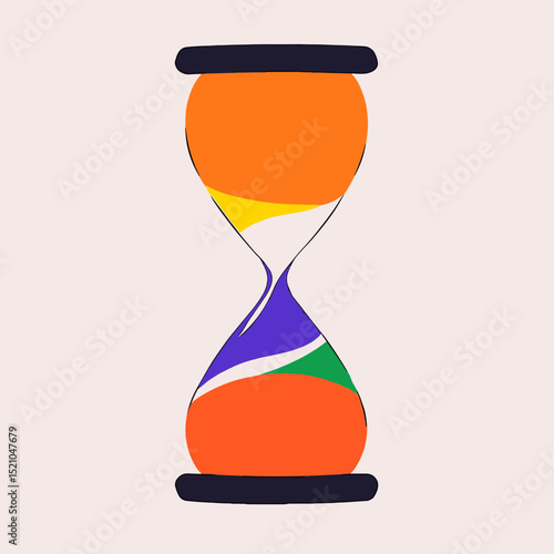 Timeless Journey: Capturing the essence of passing time in a modern graphic illustration of an hourglass, filled with colorful shapes, representing the flow and transformation of moments.
