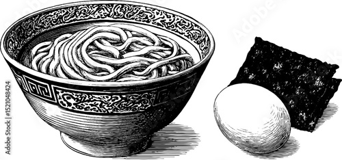 Intricate engraved illustration of ramen bowl with boiled egg and seaweed