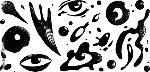 Engraved abstract art with paint splashes and eye motifs for creative design