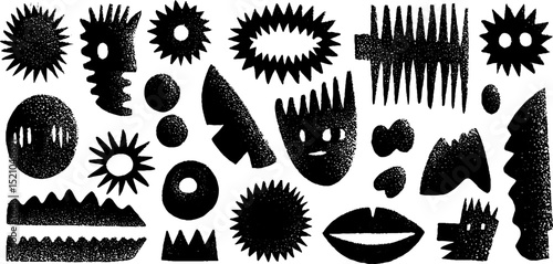 Abstract engraved illustration set of random shapes and faces for creative design projects