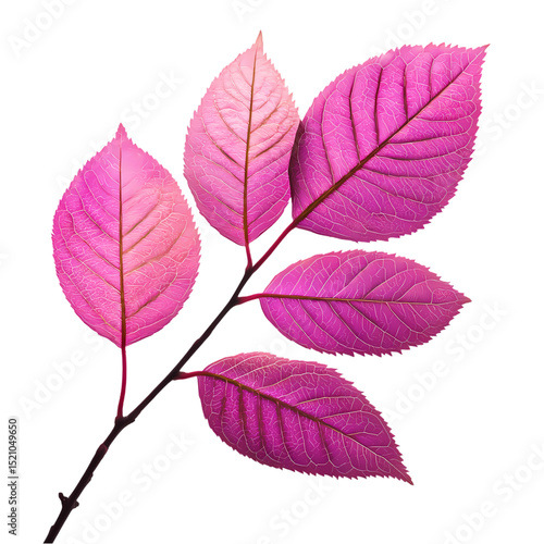 Pink Leaf Branch Detailed Closeup of Vibrant Foliage Against a White Background isolated on transparent background