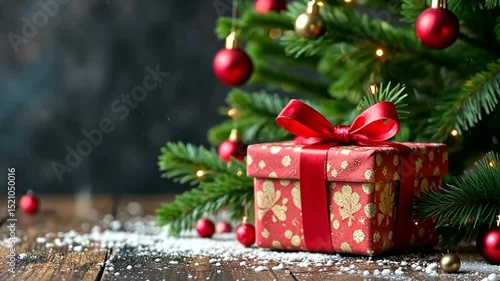 Red christmas gift box with golden patterns and red ribbon bow is standing on a wooden table under a decorated christmas tree with string lights and red and golden baubles and artificial snow