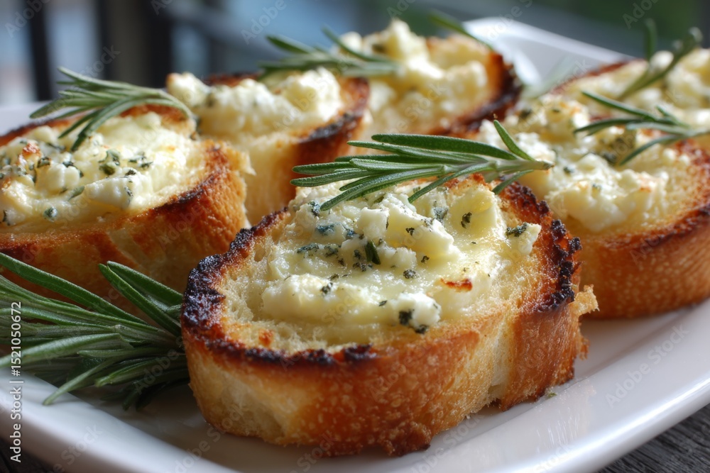 Delicious herb and cheese toast served on a white platter with fresh rosemary sprigs Delicious herb and cheese toast served on a white platter with fresh rosemary sprigs