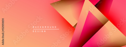 Abstract geometric shapes overlap, creating vibrant gradient background. Peach, pink hues dominate design. Minimal text present.
